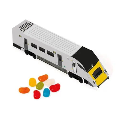 Promotional eco train shaped box filled with jolly beans sweets and printed logo