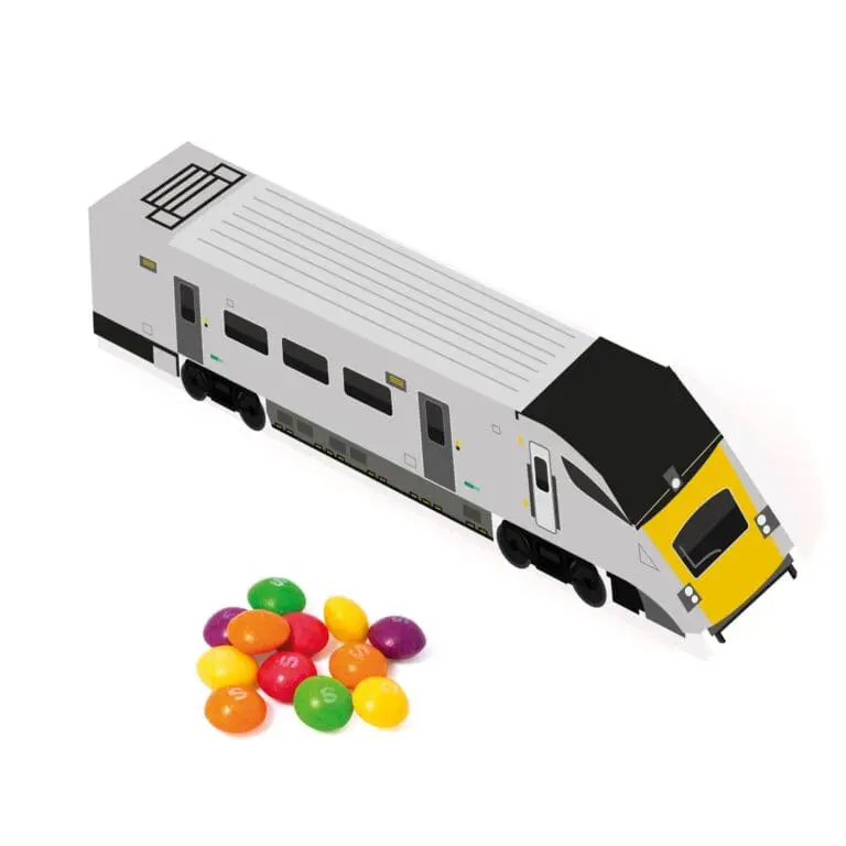 Promotional eco train shaped box filled with Skittles sweets and printed logo