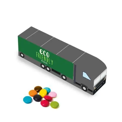 Promotional eco truck shaped box with chocolate beanies sweets and printed logo