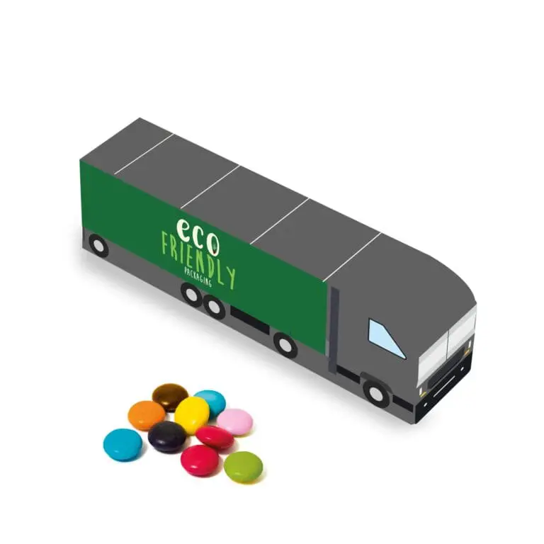 Promotional eco truck shaped box with chocolate beanies sweets and printed logo