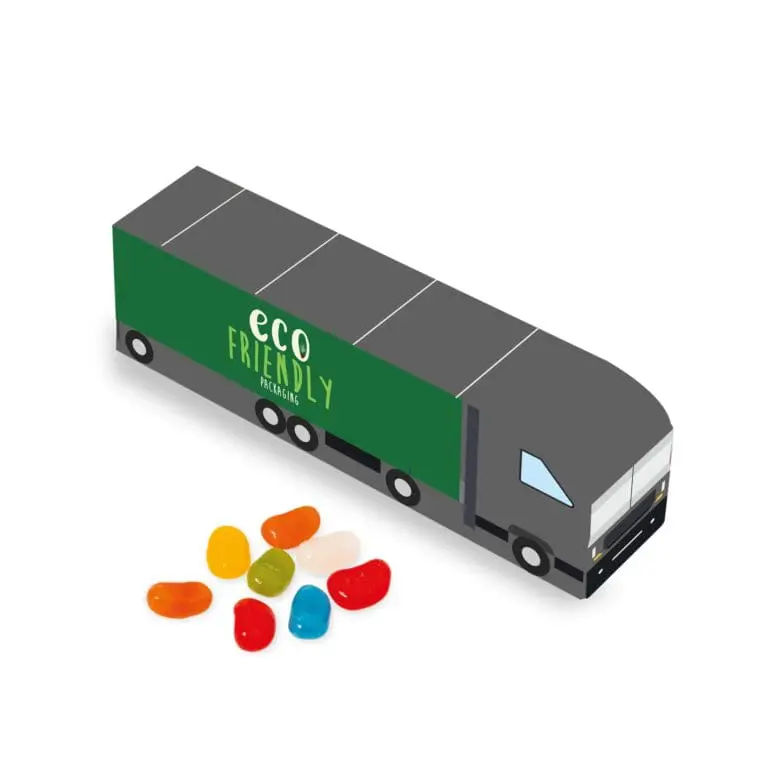 Promotional eco truck shaped box with jolly beans sweets and printed logo