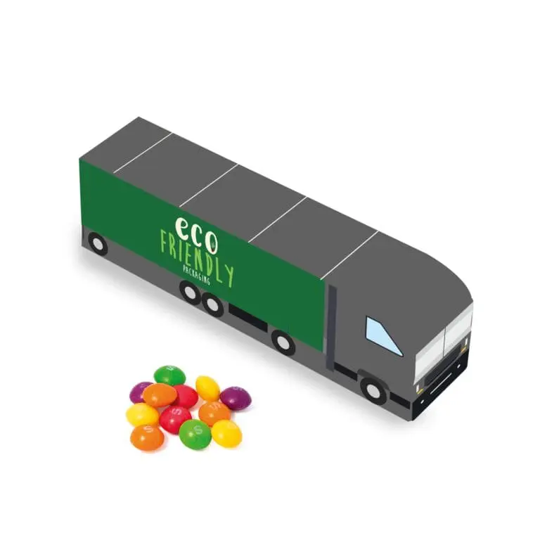 Promotional eco truck shaped box with Skittles sweets and printed logo