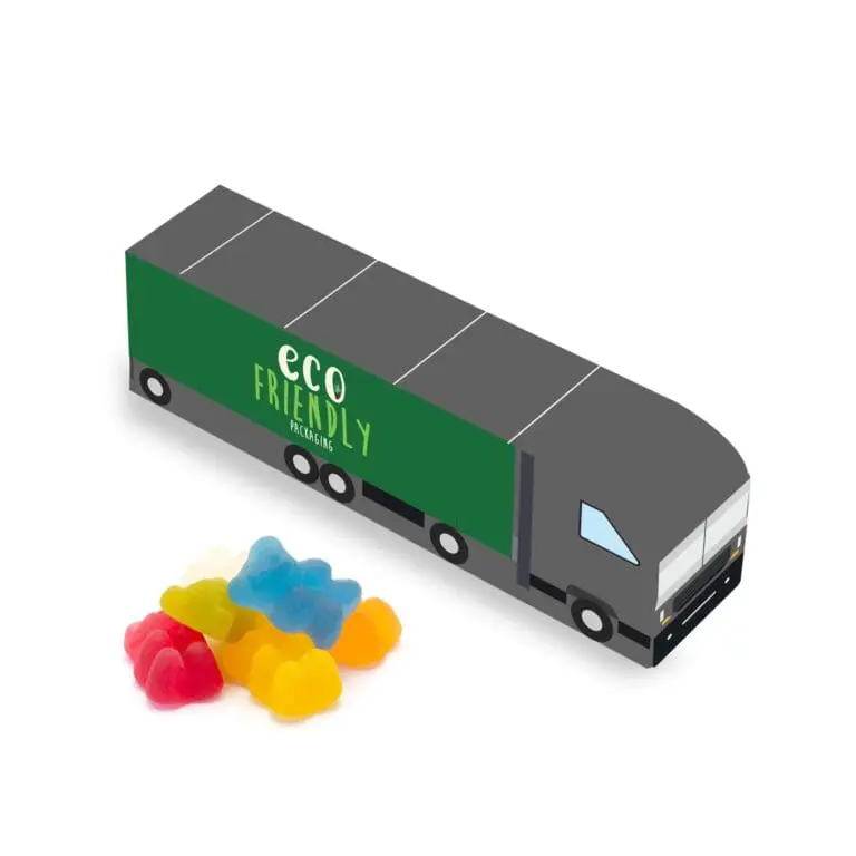 Promotional eco truck shaped box with vegan bears sweets and printed logo