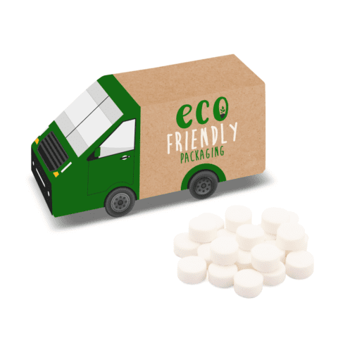 Promotional eco van shaped box filled with midi mints sweets and printed logo