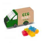 Personalised eco van shaped box with vegan bears sweets and printed logo