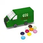 Promotional eco van shaped box with chocolate beanies and printed logo