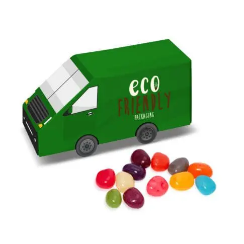 Promotional eco van shaped box with jelly beans and printed logo