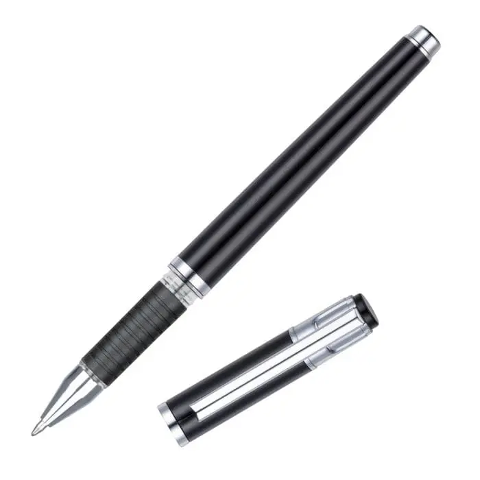 Promotional roller ball pen in black with removable cap and printed logo