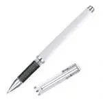 Promotional roller ball pen in white with removable cap and printed logo