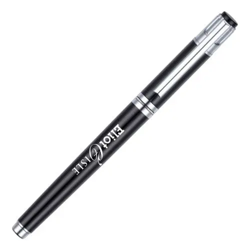 Promotional roller ball pen in black and chrome with printed logo