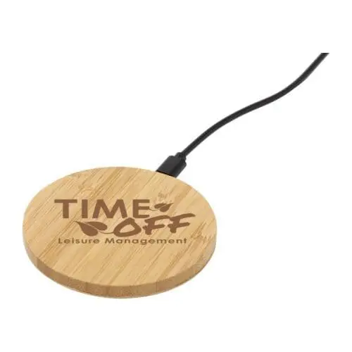 Promotional round bamboo wireless charging pad with printed logo