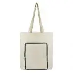 Promotional foldable shopper bag in natural with black trim and zip with printed logo