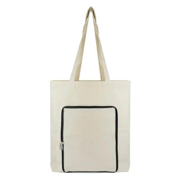 Promotional foldable shopper bag in natural with black trim and zip with printed logo