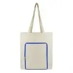 Promotional foldable shopper bag in natural with blue trim and zip with printed logo