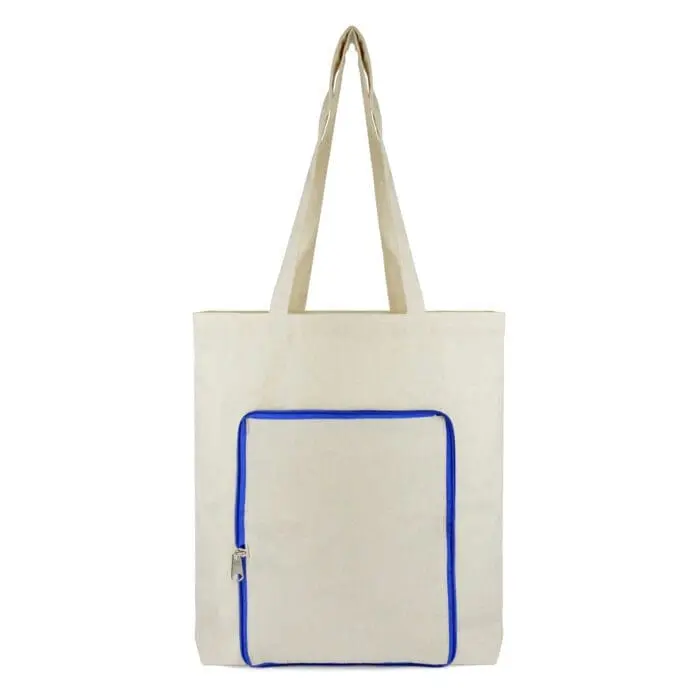 Promotional foldable shopper bag in natural with blue trim and zip with printed logo