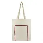 Branded foldable shopper bag in natural with red trim and zip with printed logo