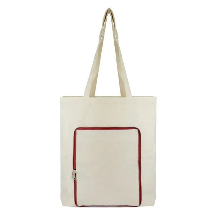 Branded foldable shopper bag in natural with red trim and zip with printed logo