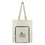 Promotional foldable shopper bag in natural with black trim and zip with printed logo