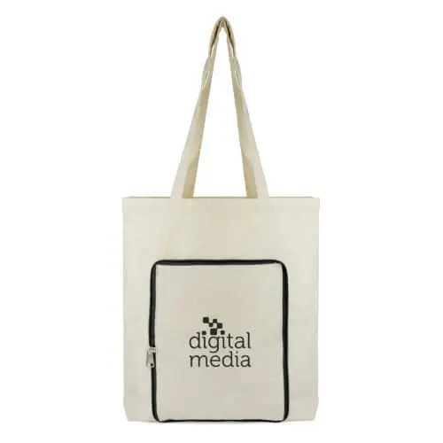 Promotional foldable shopper bag in natural with black trim and zip with printed logo