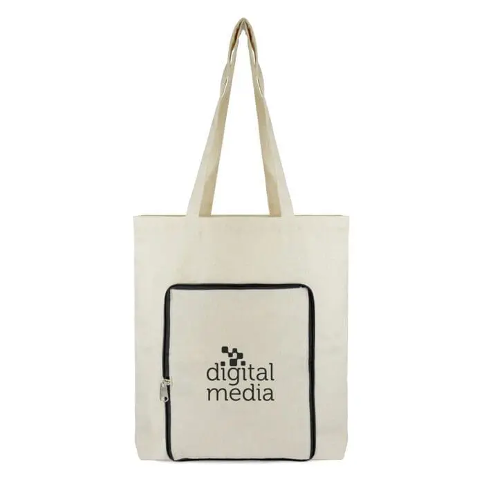 Promotional foldable shopper bag in natural with black trim and zip with printed logo