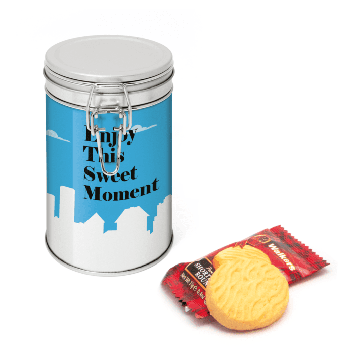 Promotional flip top tin with shortbread biscuits in tin with printed logo