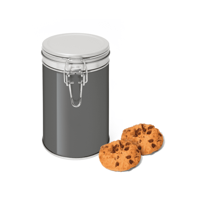 Promotional flip top tin with Maryland Cookies in black tin with printed logo