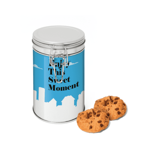 Promotional flip top tin with Maryland Cookies in tin with printed logo