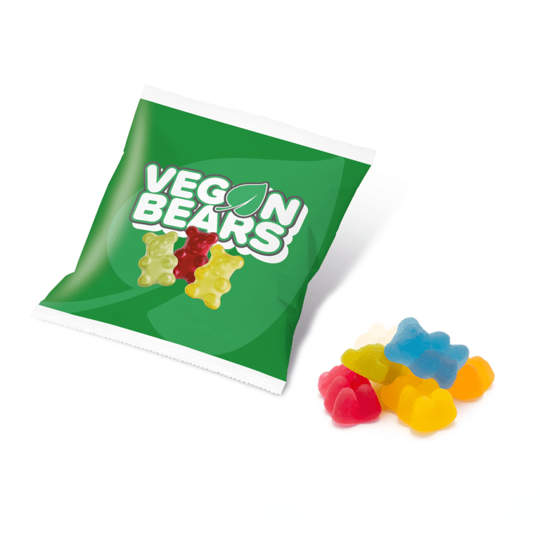 Promotional flow bag with vegan bears sweets and printed logo