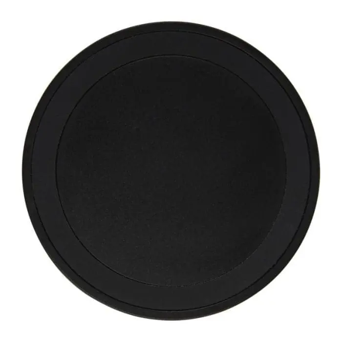 Branded round black wireless charging pad with printed logo