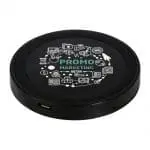 Promotional black round wireless charging pad with printed logo on top