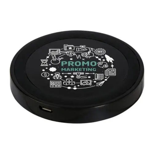 Promotional black round wireless charging pad with printed logo on top