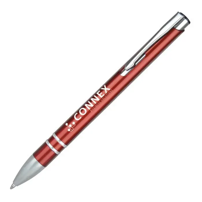 Promotional ball pen in red with chrome rings and printed logo