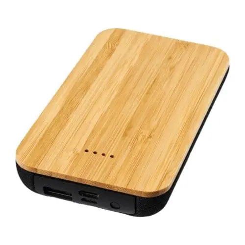 Branded bamboo and fabric wireless powerbank in black with printed logo