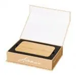 Branded bamboo and fabric wireless powerbank in presentation box with logo