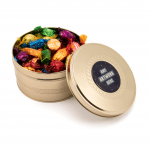 Promotional gold treat tin with Quality Street chocolates and printed logo to lid