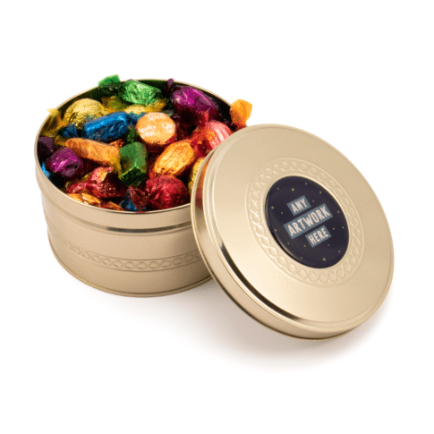 Promotional gold treat tin with Quality Street chocolates and printed logo to lid