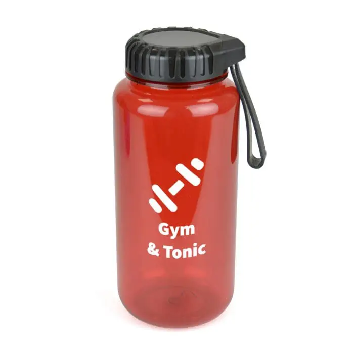 Branded Gowing 950ml Gym Bottle with a Black lid and Red translucent body