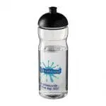 Branded H2O Active Base Dome Lid Bottle in clear with black lid and printed logo