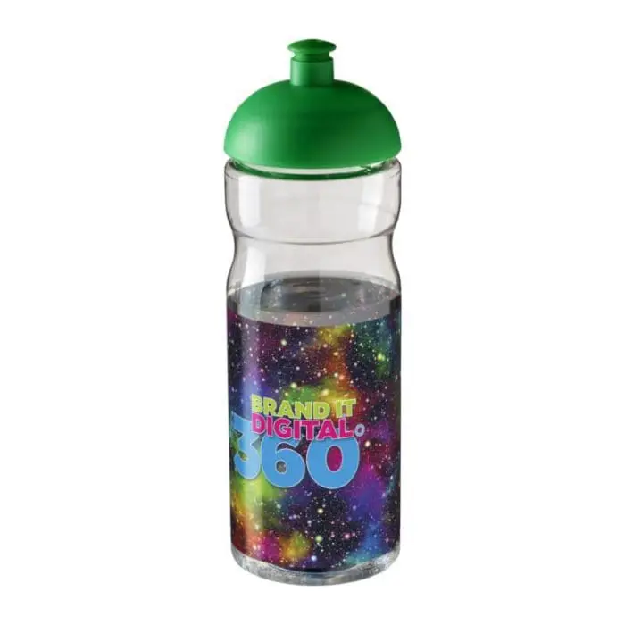 Branded H2O Active Base Dome Lid Bottle in clear with green lid and printed logo