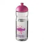 Branded H2O Active Base Dome Lid Bottle in clear with pink lid and printed logo