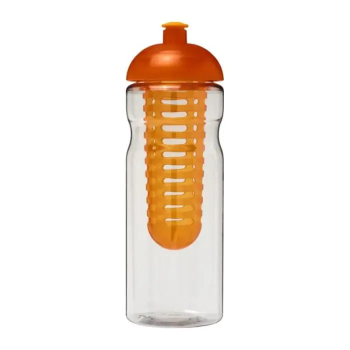 Branded H2O Active Base Dome Lid Infuser Bottle 650ml in clear with coloured lid and infuser with printed logo