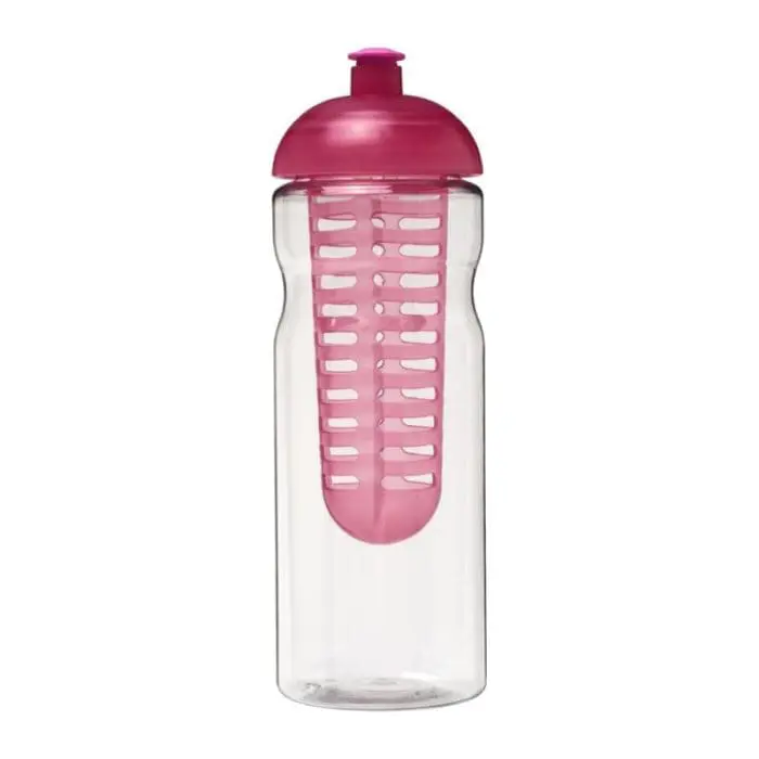 Branded H2O Active Base Dome Lid Infuser Bottle 650ml in clear with coloured lid and infuser with printed logo