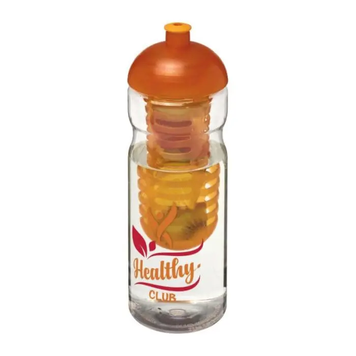 Printed H2O Active Base Dome Lid Infuser Bottle 650ml in clear with orange lid and printed logo