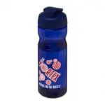 Branded H2O Active Base Flip Lid Bottle in blue with blue lid and printed logo