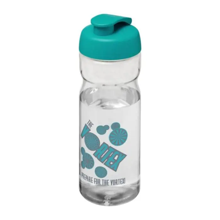 Branded H2O Active Base Flip Lid Bottle in clear with turquoise lid and printed logo