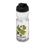 Branded H2O Active Base Flip Lid Bottle in clear with black lid and printed logo