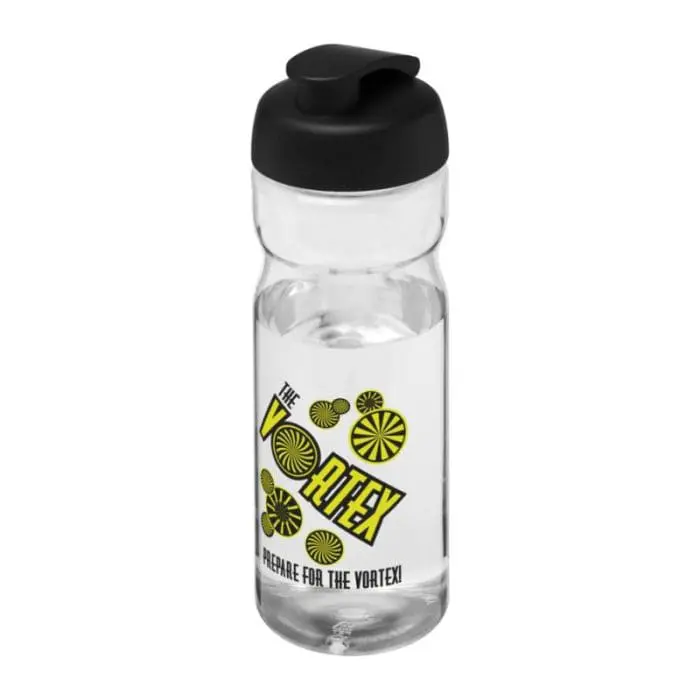 Branded H2O Active Base Flip Lid Bottle in clear with black lid and printed logo