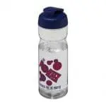 Branded H2O Active Base Flip Lid Bottle in clear with blue lid and printed logo