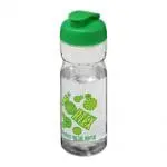 Branded H2O Active Base Flip Lid Bottle in clear with green lid and printed logo