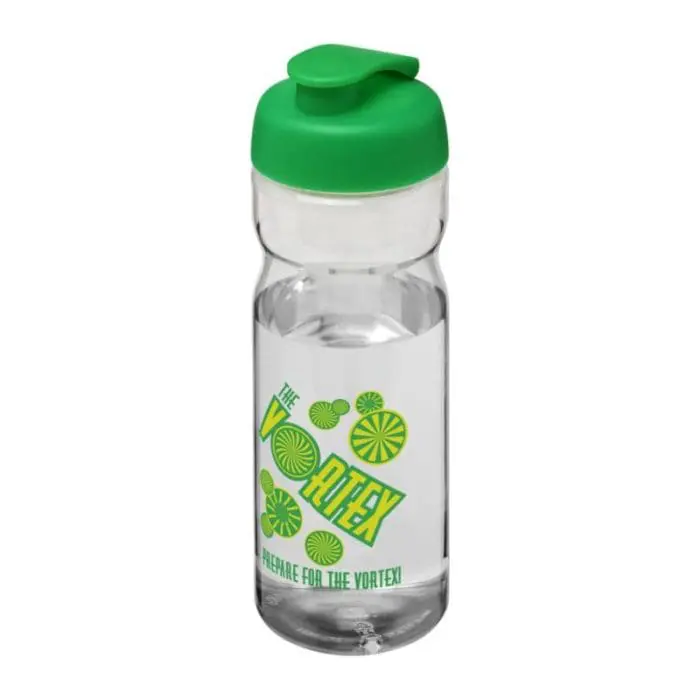 Branded H2O Active Base Flip Lid Bottle in clear with green lid and printed logo